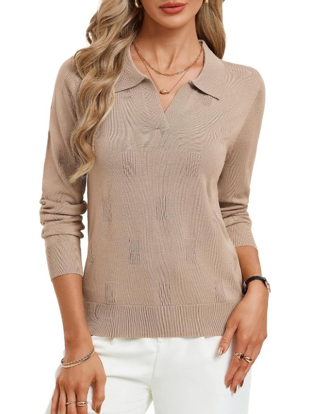 Kate Kasin Women's Khaki Ribbed V Neck Long Sleeve Classic Knitted Polo Sweaters